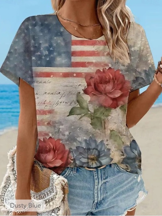 Tops - Woman’s Floral American Flag Short Sleeve Top - Dusty Blue